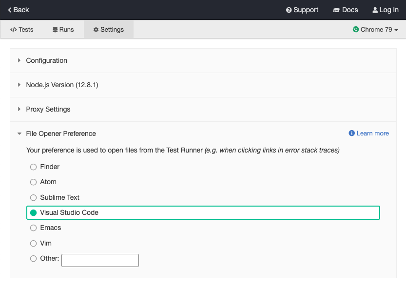 screenshot of Test Runner settings tab with file opener preference panel